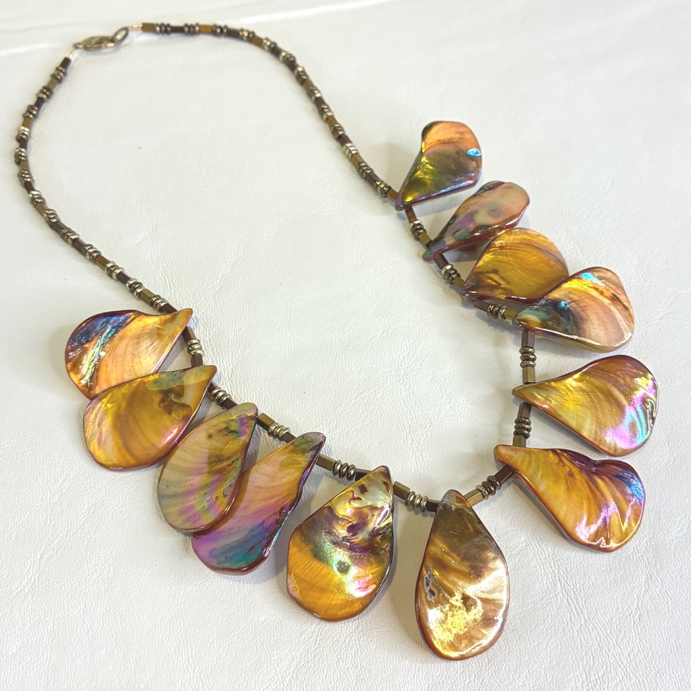 Vintage Mother of Pearl Necklace Shell Statement Artisan Iridescent Golden Bead - Picture 2 of 15